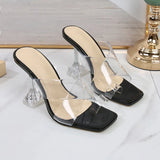 Pbong  New Summer Transparent PVC Women Slippers Shoes  Fashion Square toe Clear Heeled Fashion Mules Slides High heels Sandals