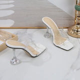 Pbong  New Summer Transparent PVC Women Slippers Shoes  Fashion Square toe Clear Heeled Fashion Mules Slides High heels Sandals