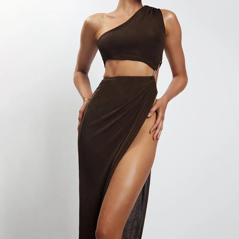 Summer Women Sexy Hollow Out Maxi Dress Spring Solid Sleeveless Split Dress One Shoulder High Waist Bodycon Party Female