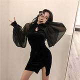 Black Slit Dress Women's Clothing Retro Patchwork Velvet Lantern Sleeve Dress Sexy  Woman Dresses Vestido De Mujer Femme Robe