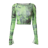 Sexy See Trough Crop Top  Vintage Graphic Print Green Mesh Sheer T-shirt Long Flare Sleeve Slim Fit Tee Women Clothes