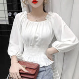 Pbong  Youth Elegant Blouse Women Chiffon Fashion Blouse Off Shoulder White Shirt Ruffle Puff Sleeve Top Office wear