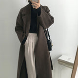 French Lazy Style Warm Female Fresh Winter Classical Belt Retro Loose Women Woolen Coats Chic Casual Long Coat Long