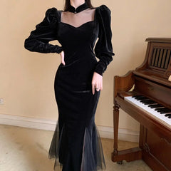 Elegant Mesh Velvet Black Long Dress Women Vintage Gothic Slim Party Dresses Female Winter Sexy Split Hollow Christmas Dress New