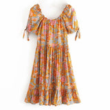 Pbong  Wood ears Lacing up O neck Orange Camellia Floral Print Short Sleeve Dress Retro Spliced Pleated Mini Short Dresses