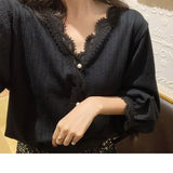 Pbong  Lace Ruffle Patchwork Women Loose Blouse Korean Casual All Match Shirt Elegant V-neck