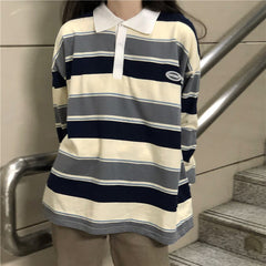 Retro Striped Hit Color Sweatshirt Polo Collar Pullover Female Oversized Sweatshirt Harajuku Style Ladies Vintage Preppy Top