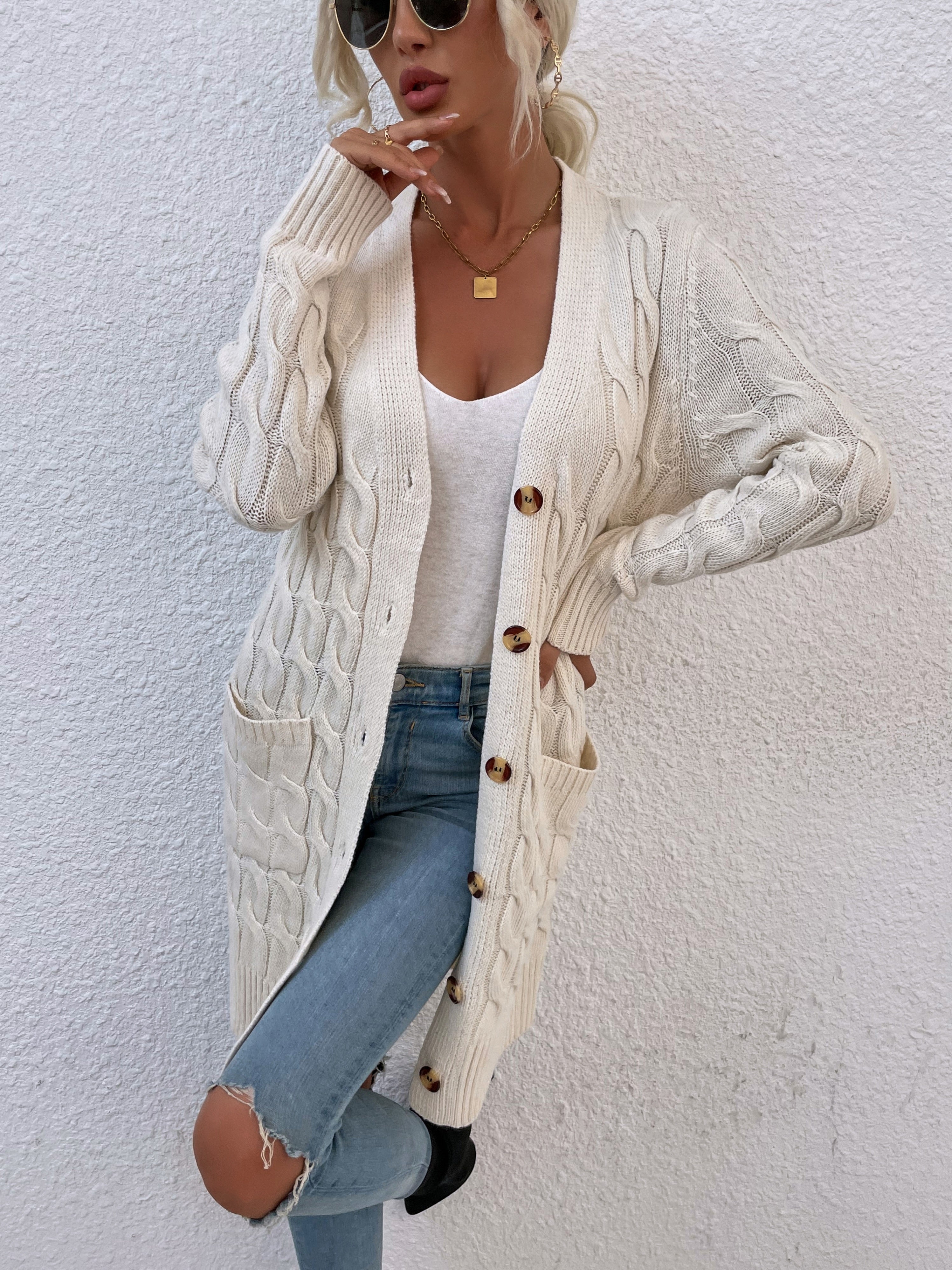 Women's Cardigan Sweater Autumn and Winter New Long Coat Twisted Rope Solid Color Knitted Sweaters Women