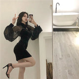 Black Slit Dress Women's Clothing Retro Patchwork Velvet Lantern Sleeve Dress Sexy  Woman Dresses Vestido De Mujer Femme Robe