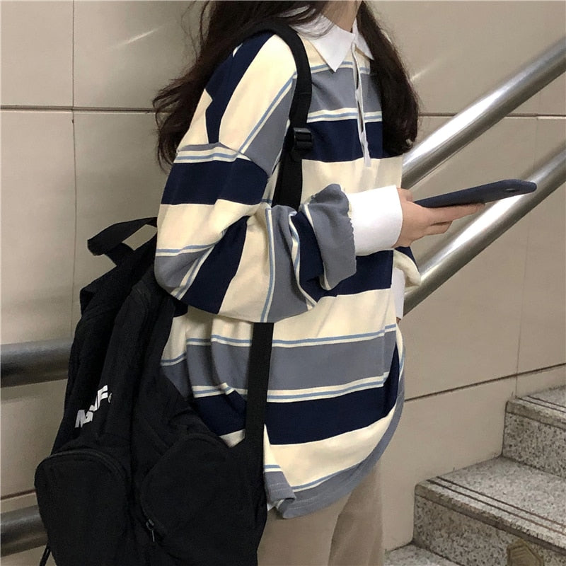 Retro Striped Hit Color Sweatshirt Polo Collar Pullover Female Oversized Sweatshirt Harajuku Style Ladies Vintage Preppy Top