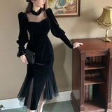 Elegant Mesh Velvet Black Long Dress Women Vintage Gothic Slim Party Dresses Female Winter Sexy Split Hollow Christmas Dress New