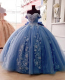 Pbong  Sweetheart Dusty Blue Quinceanera Dress with 3D Floral Applique Off-Shoulder Vestidos Sweet 16 Dress Bow de soirée