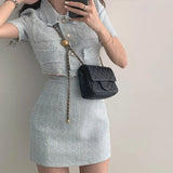 Women Summer Two 2 Piece Set Korean Style Elegant Single Breasted Tassel Short Sleeve Tops and High Waist Bodycon Mini Skirt