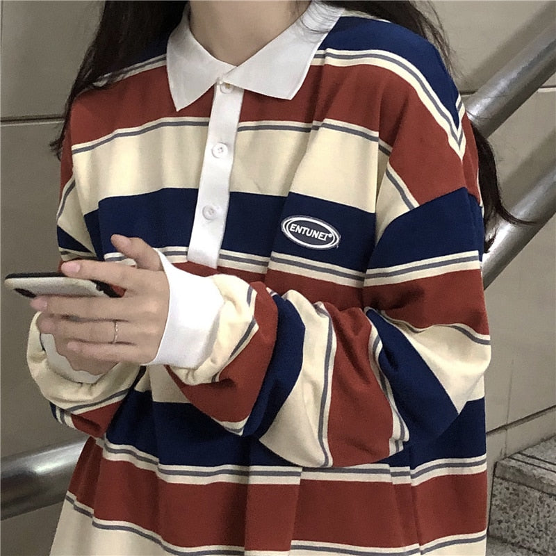 Retro Striped Hit Color Sweatshirt Polo Collar Pullover Female Oversized Sweatshirt Harajuku Style Ladies Vintage Preppy Top