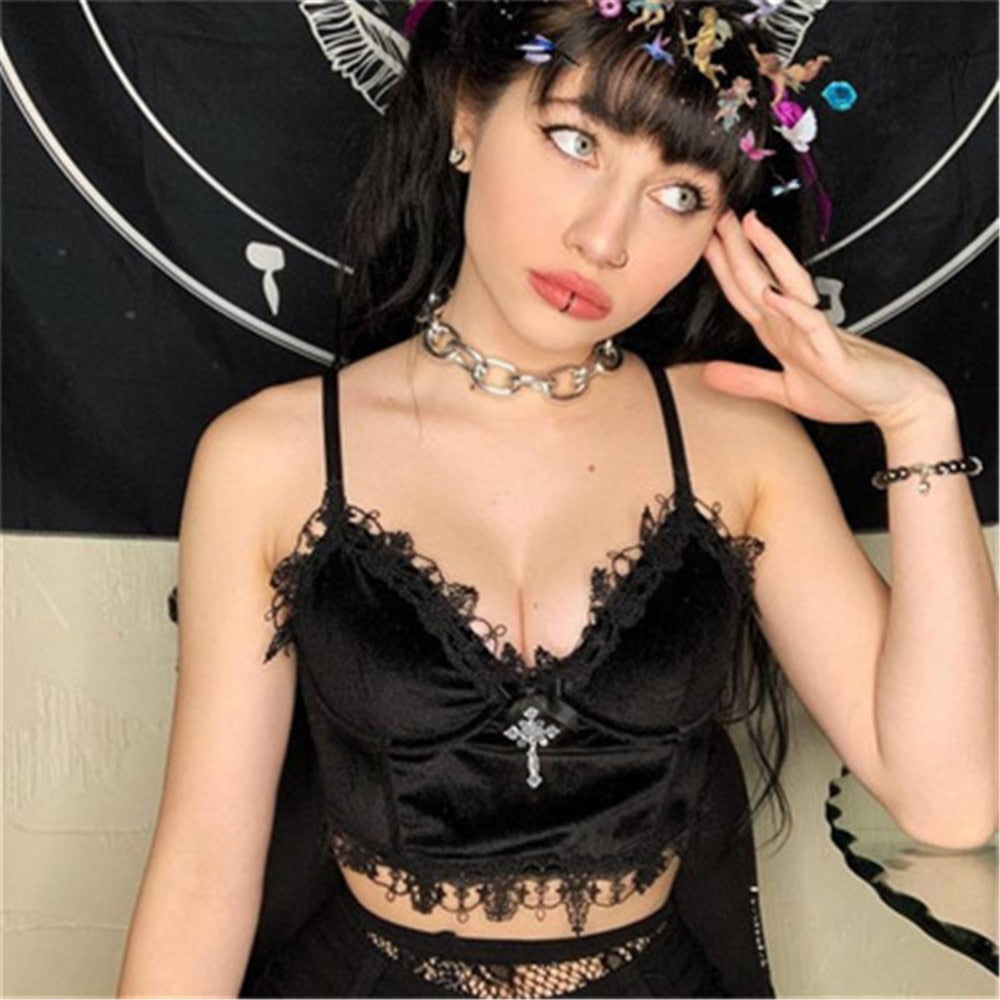 Velvet Y2K Mall Goth Crop Tops  Black Lace Trim Emo Alternative Aesthetic Crop Tops Women Backless Sexy Strap Tanks