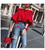 Women Korean Ruffles Off Shoulder Tee Top Puffy Sleeves Red Chiffon Blouse Female Oversize Casual Shirt Lady Chic New