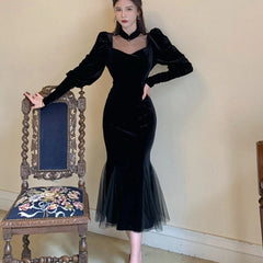 Elegant Mesh Velvet Black Long Dress Women Vintage Gothic Slim Party Dresses Female Winter Sexy Split Hollow Christmas Dress New