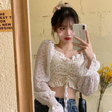 Pbong  Floral Youth Elegant Blouse Women Crop Top Pretty Blouses Chic Fashion Blouse Shirt For Party Puff sleeve Off shoulder