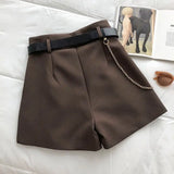 New Casual Comfortable Elegant Wild Shorts With Belt Women's Woolen Shorts Autumn Winter Slim Wide Leg A-line Shorts
