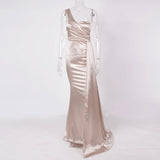 One Shoulder Padded Sexy Satin Maxi Dress Women's Evening Party Dress Gown with Ribbon Royal Blue Green Draped Long Dress