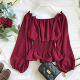 Pbong  Youth Elegant Blouse Women Chiffon Fashion Blouse Off Shoulder White Shirt Ruffle Puff Sleeve Top Office wear