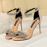 Women 9cm High Heels Crystal Sandals Wedding Bridal Stiletto Heels Sandles Glitter Prom Elegant Stripper Satin Strap Shoes
