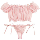 2PCS Off Shoulder Lace Up Bikini Set Women Sweet Casual Short Sleeve Swimsuits Beachwear Bathing Suits Sexy Lingerie