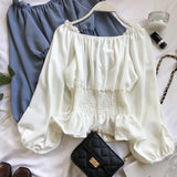 Pbong  Youth Elegant Blouse Women Chiffon Fashion Blouse Off Shoulder White Shirt Ruffle Puff Sleeve Top Office wear