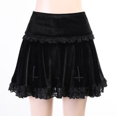 Goth Dark Mall Gothic Aesthetic Velvet Pleated Mini Skirts Women Vintage Harajuku Emo Alt Clothes High Waist Lace Ruffles Skirt