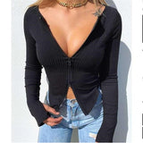 90s Vintage Korean Elegant Crop Tops Women Double Zipper Up Rib Knitted T-shirt Spring Autumn Long Sleeve Slim Fit Basic Tees