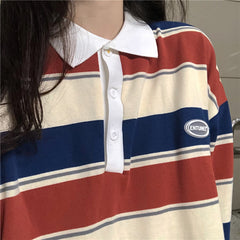 Retro Striped Hit Color Sweatshirt Polo Collar Pullover Female Oversized Sweatshirt Harajuku Style Ladies Vintage Preppy Top