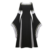 Women Medieval Renaissance Trumpet Sleeve Retro Loor Length Gown Lace Trim Irish Over Long Dress Halloween Costume Plus Size