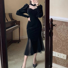 Elegant Mesh Velvet Black Long Dress Women Vintage Gothic Slim Party Dresses Female Winter Sexy Split Hollow Christmas Dress New