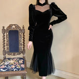 Elegant Mesh Velvet Black Long Dress Women Vintage Gothic Slim Party Dresses Female Winter Sexy Split Hollow Christmas Dress New