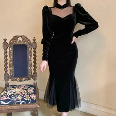 Elegant Mesh Velvet Black Long Dress Women Vintage Gothic Slim Party Dresses Female Winter Sexy Split Hollow Christmas Dress New