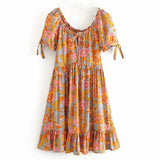 Pbong  Wood ears Lacing up O neck Orange Camellia Floral Print Short Sleeve Dress Retro Spliced Pleated Mini Short Dresses