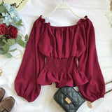 Pbong  Youth Elegant Blouse Women Chiffon Fashion Blouse Off Shoulder White Shirt Ruffle Puff Sleeve Top Office wear