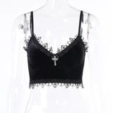Velvet Y2K Mall Goth Crop Tops  Black Lace Trim Emo Alternative Aesthetic Crop Tops Women Backless Sexy Strap Tanks