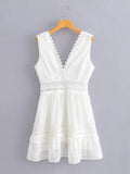 Pbong  100% Cotton Lace Mini Dress Summer Sexy Holiday Women Dress Crochet Sheer Backless Ruffle Ladies Beach Female Dresses