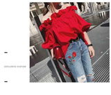 Women Korean Ruffles Off Shoulder Tee Top Puffy Sleeves Red Chiffon Blouse Female Oversize Casual Shirt Lady Chic New