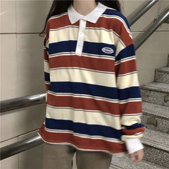 Retro Striped Hit Color Sweatshirt Polo Collar Pullover Female Oversized Sweatshirt Harajuku Style Ladies Vintage Preppy Top