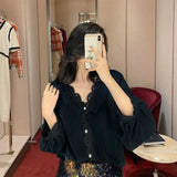 Pbong  Lace Ruffle Patchwork Women Loose Blouse Korean Casual All Match Shirt Elegant V-neck