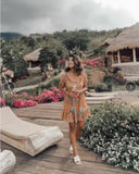 Pbong  Wood ears Lacing up O neck Orange Camellia Floral Print Short Sleeve Dress Retro Spliced Pleated Mini Short Dresses
