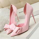 BIGTREE  Fashion Delicate Sweet Bowknot High Heel Shoes Side Hollow Pointed Women Pumps Pointed Toe 10.5CM thin Dress Shoes