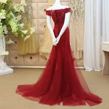 Pbong  Red Mermaid Evening Dress Party Gowns Vestido Longo Sexy Off-Shoulder Applique Court Train Formal Celebrity Gowns