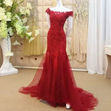 Pbong  Red Mermaid Evening Dress Party Gowns Vestido Longo Sexy Off-Shoulder Applique Court Train Formal Celebrity Gowns