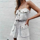 Pbong  Safari Style Spaghetti Strap Jumpsuit Women Open Button Lacing up Bow Waist Short Pants Romper Cotton Linen Playsuits