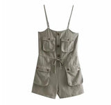 Pbong  Safari Style Spaghetti Strap Jumpsuit Women Open Button Lacing up Bow Waist Short Pants Romper Cotton Linen Playsuits