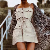 Pbong  Safari Style Spaghetti Strap Jumpsuit Women Open Button Lacing up Bow Waist Short Pants Romper Cotton Linen Playsuits