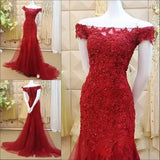 Pbong  Red Mermaid Evening Dress Party Gowns Vestido Longo Sexy Off-Shoulder Applique Court Train Formal Celebrity Gowns